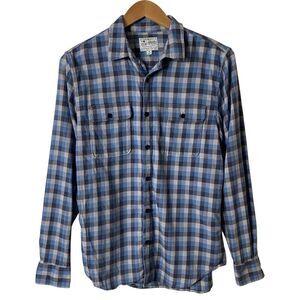 Lucky Brand Mens Medium Saturday Stretch Button Up Plaid Flannel Shirt Blue Gray